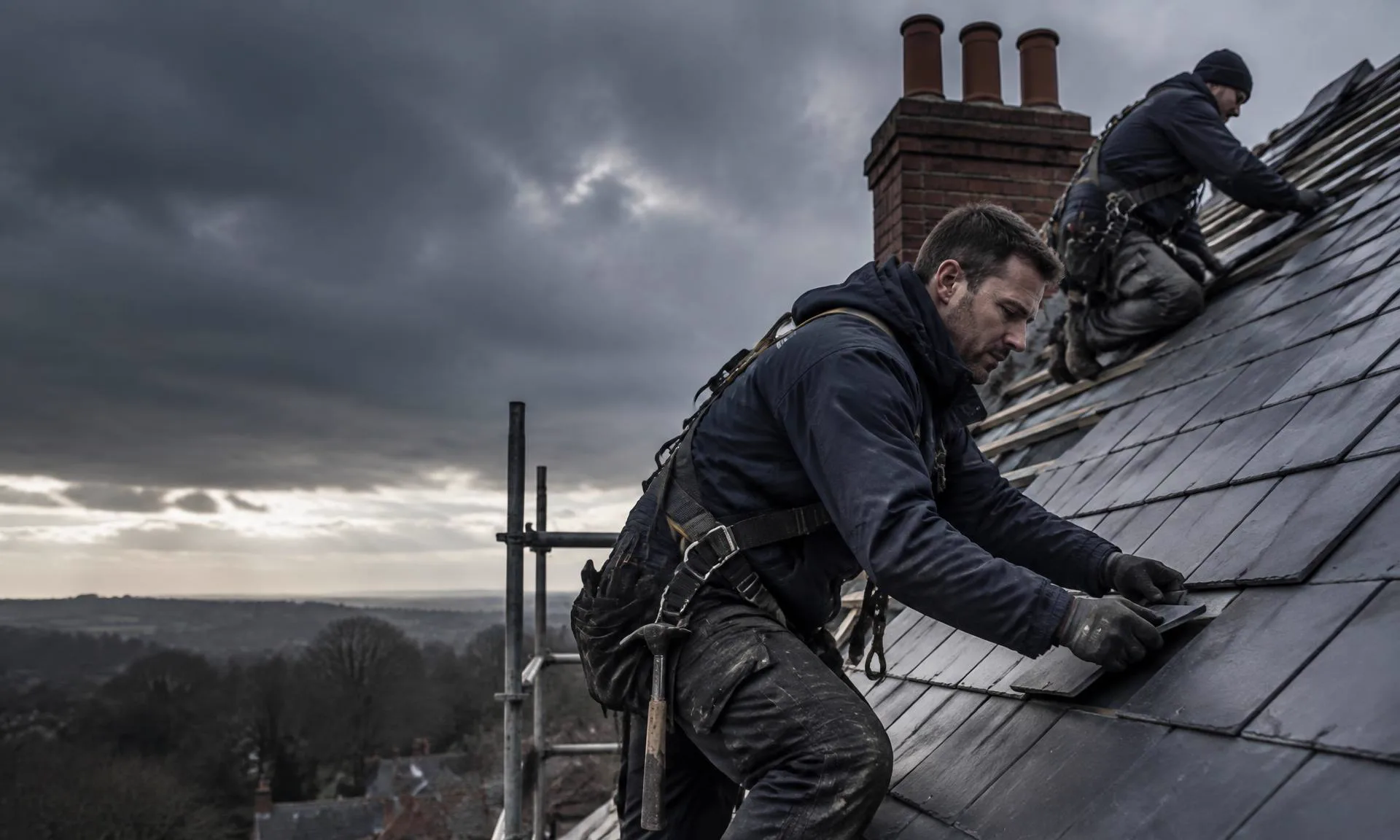 Two roofing professionals laying slate on a British home